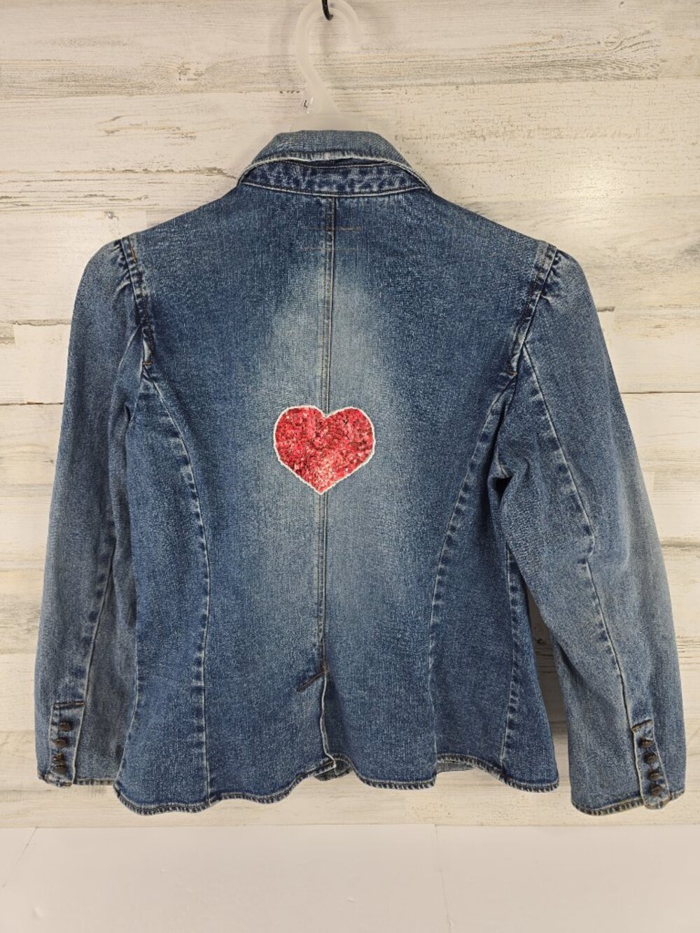 Liz Lange Maternity Size M Denim Blazer Jacket Red Sequin Heart Back 1 Button...
